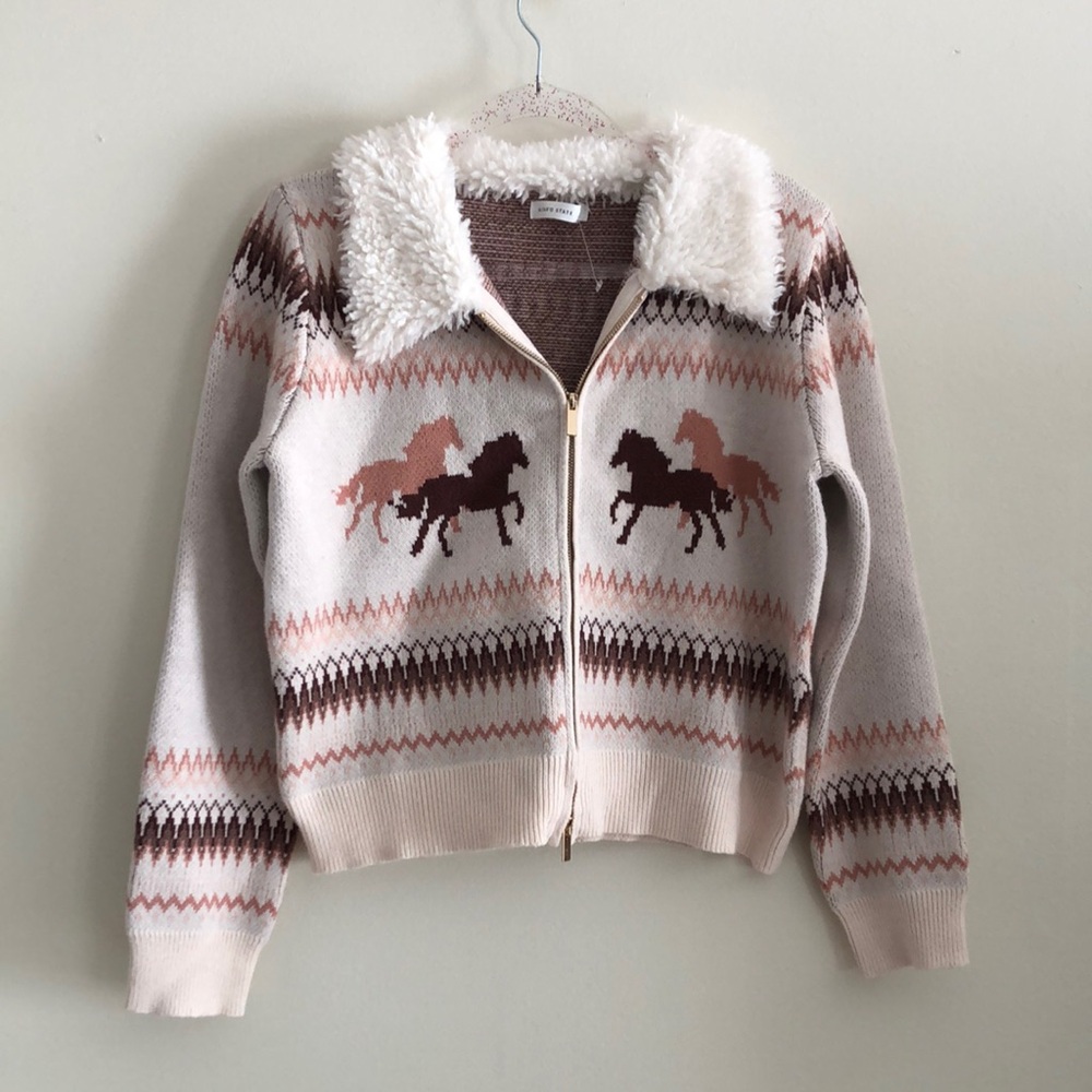 Altar'd State Cream Zip Sweater with Horse Motif and Faux Shearing Collar